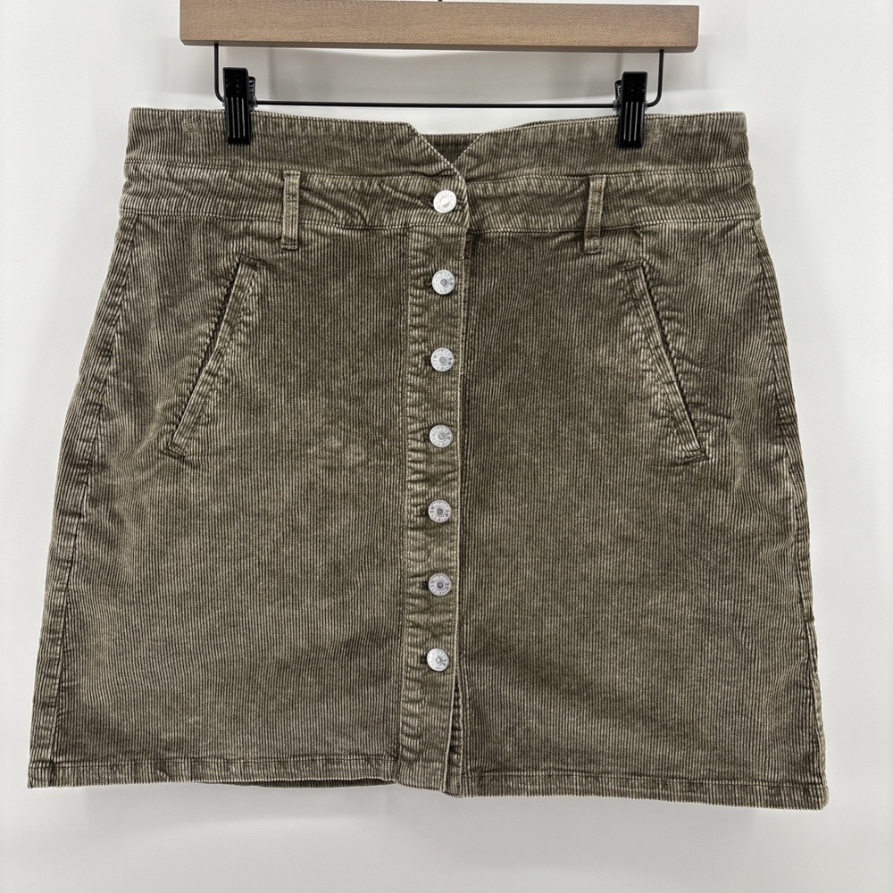 Pilcro Corduroy Skirt Women's 12 Olive Green Anthropologie Button Front Pockets